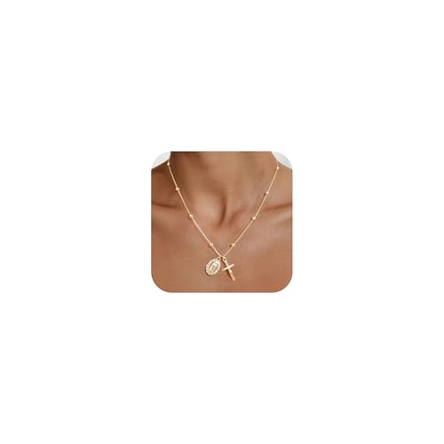 Gold Cross Necklace for Women - 14k Gold Plated Virgin Mary Pendant Necklaces Non Tarnish Golden Cubic Zirconia Catholic Virgen de Guadalupe Crucifix Jewelry Religious Faith Baptism Gift for Her