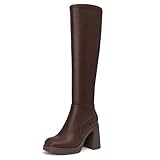 Athlefit Brown Knee High Boots for Women Chunky Heel Platform Tall Boots Square Toe Fall Fashion high heeled Long Booties Size 7