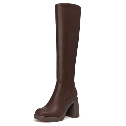 Athlefit Brown Knee High Boots for Women Chunky Heel Platform Tall Boots Square Toe Fall Fashion high heeled Long Booties Size 7
