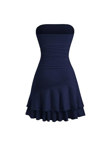 SweatyRocks Damen Trägerloses Minikleid Bandeau Kleid A Linie Tubekleid Ärmellos Sommerkleid Kurz Partykleid Y2K Outfit mit Rüschensaum Dunkelblau...
