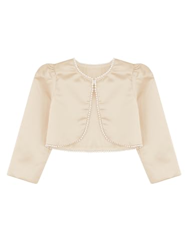 ACSUSS Kids Girls Long Sleeve Bolero Cardigan Shrug Faux Pearl Trim Flower Jacket Open Front Wedding Dress Cover Up3