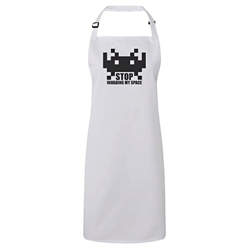Tablier cuisine blanc Stop Invading My Space style retro gaming arcade pour passionnés de cuisine