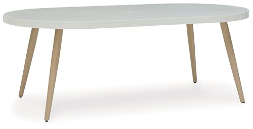 Signature Design by Ashley Seton Creek Casual Aluminum Outdoor Dining Table with Umbrella Hole and Cover Cap, White & Light Brown