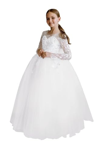 Lace Tulle Flower Girl Dress for Wedding Kids Applique Long Sleeve Pageant Dress Bowknot Princess Prom Ball Gowns