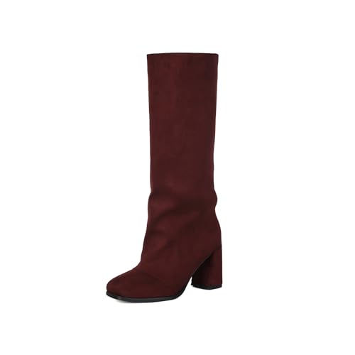 Women's Knee High Suede Square Toe Boots-Chunky Block Heeled Boots