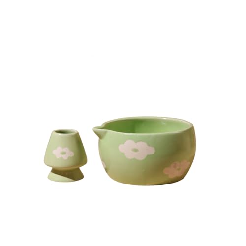 Image of Craftribal Handmade Ceramic Blossom Matcha Bowl with Whisk Holder - Pottery Chawan for Japanese Tea Ritual, Matcha Lovers & Gifting|Bowl - 5.5 inches|Holder-2.5 inches|Design-Green Floral