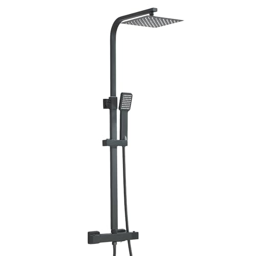 HARNART Bathroom Thermostatic Shower Mixer Set and with Adjustable 8 inch Overhead Rainfall Shower Head Twin Head Bath Mixer taps with Shower Black
