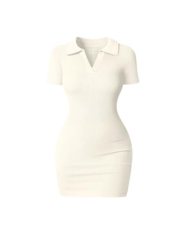 OQQ Women's Mini Dresses Sexy Ribbed Short Sleeve Tummy Control Bodycon Mini Dress Beige