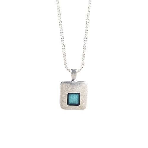 DANFORTH Stability/Teal Pendant Necklace – 18” Sterling Silver Chain – Handcast Square Pewter Pendant – Made in USA