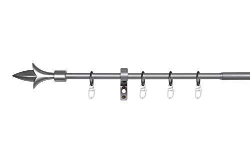 ondeco Gardinenstange ausziehbar 1-lauf, Vorhangstange Fenster Wandmontage, Endstück Lance Komplettgarnitur Teleskopstange 13/16 mm mit Ringen Silber 130-240 cm