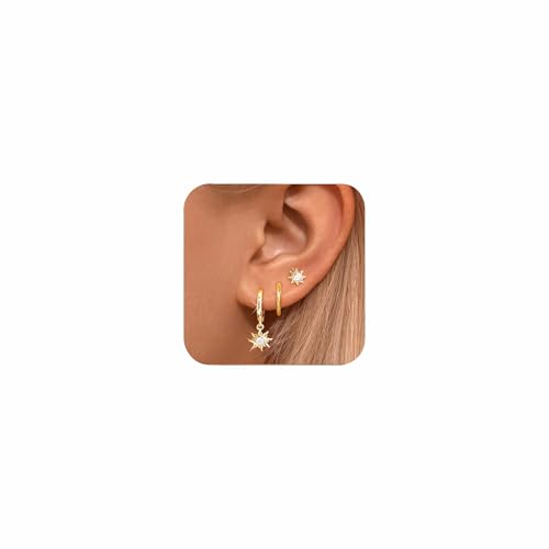 Image of Lotus Karen Stud Hoop Earrings Set for Women - 3 Pairs Dainty Cartilage Earrings | 14K Gold Plated Small Hoops Earring Set for Pierced Ears for Christmas Birthday
