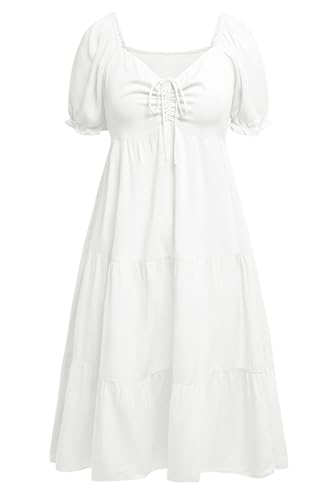 Image of Plus Size Summer Dresses - Sweetheart Neck Drawstring Puff Sleeve Casual Tiered Aline Flowy Midi Dress