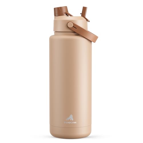 POWCAN 40 oz Insulated Water Bottle with 2-in-1 Straw and Spout Lid, Keep Cold 24H, Leak-Proof, BPA-Free, Double Wall Stainless Steel Water Bottle for Sports, Gym, Travel, and School (Mocha)