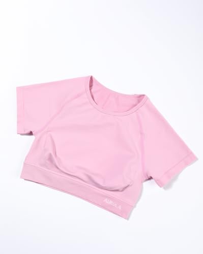 Image of AUROLA Influence Women Crop Top Short Sleeve Compression Workout T-Shirt | Raglan Short Sleeve Crop Top, High-Stretch Seamless Knit, Stay-Put Ribbed Underband, Soft Breathable Comfort