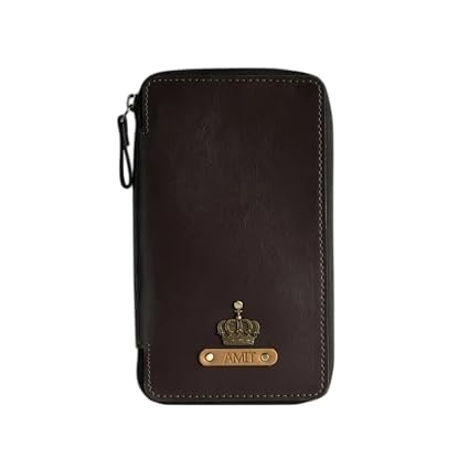 Image of Personalized Leather Passport Holder | Custom Travel Wallet with Zipper, Name & Charm | Durable Genuine Leather Organizer for Travel Documents & Cards (Brown)