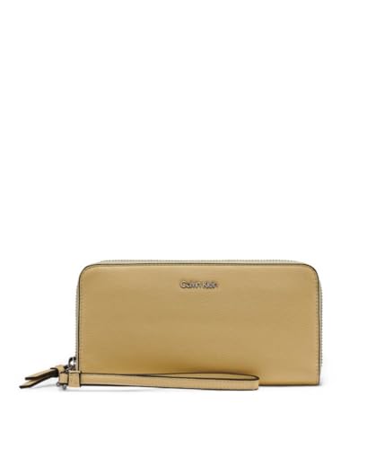 Calvin Klein Carteira feminina Saffiano Continental com zíper e alça de pulso, Lemon Ice, One Size