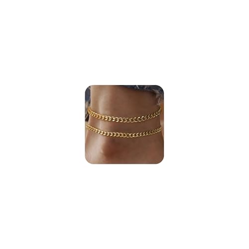 Image of Ritach Ankle Bracelets for Women - Silver /Gold Plated Stainless Steel Anklets for Women Waterproof Layered Cuban Link Figaro Chain Heart Anklets Set Summer Beach Jewelry Gifts