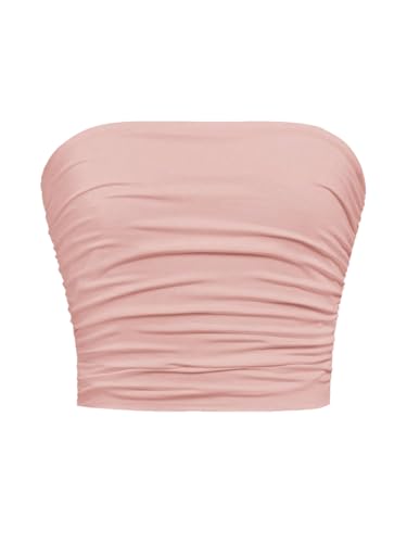 Image of Floerns Girl's Basic Sleeveless Bandeau Kids Strapless Ruched Tube Tops Pink 10Y