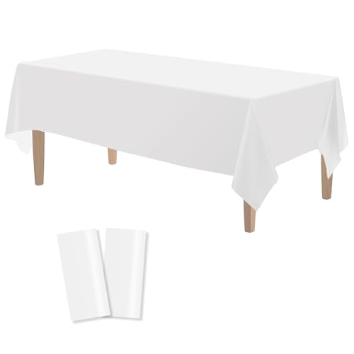 Image of Kopokita 2PCS White Plastic Tablecloths 54 x 108 Inch, Disposable Table Cloths Rectangle Party Table Covers
