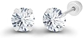Solid 14k White Gold Hypoallergenic Round Cubic Zirconia Solitaire Stud Earrings For girls With Secure Ball Screw Backs For Women, 3mm