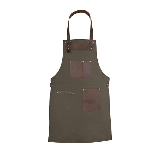 Leathershire Top Grain Leather Canvas Apron – Butcher, Cook, BBQ, Chef, Woodwork & DIY Heavy Duty Kitchen Workshop Apron – Gift for Him & Her (Green)