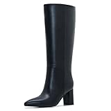 Aizhenzm Black Wide Calf Knee High Boots For Women Plus Size Side Zipper Leather Chunky Heel Boots Heeled Pointed Toe Tall Size 8 Wide