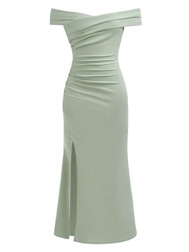 SHENHE Girl's Off The Shoulder Dress Slit Ruched Bodycon Wedding Guest Graduation Party Dress Sage Green 10Y