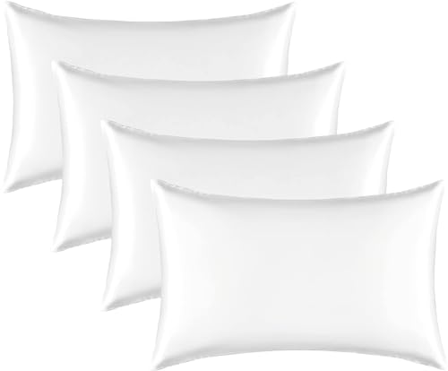 Satin Pillowcase for Hair and Skin, Black Pillow Cases Standard Size Set of 4 Pack Super Soft Pillow Case with Zipper Closure (White, Standard(4 Pack))