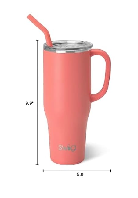 Swig Life 40oz Mega Mug, 40 oz Tumbler with Handle and Straw, Cup Holder Friendly, Dishwasher Safe, Extra Large Insulated Tumbler, Stainless Steel (Coral)