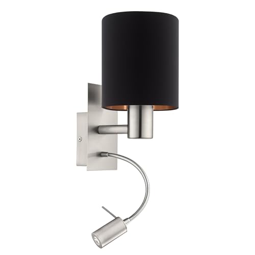 EGLO LED Wandlampe Pasteri, 2 flammige Textil Wandleuchte, Material: Stahl, Stoff, Farbe: Nickel matt, schwarz, kupfer, Fassung: E27, inkl. Schalter und flexiblen Leselicht