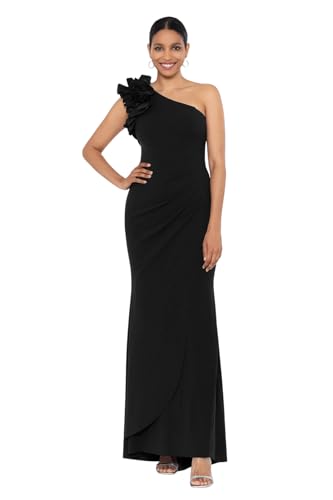Image of Xscape Women's Xscape Women's One-Shoulder, Floor-Length, Scuba Crepe Dress with Ruffle Detail (Reg and Petite)