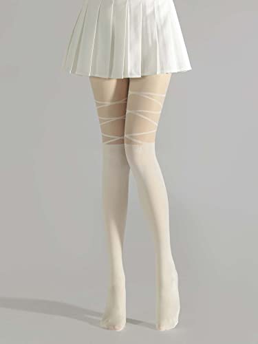 Image of SHENHE Women's Mesh Patterned Tights Opaque Thigh High Stockings Pantyhose Leggings Beige one-size