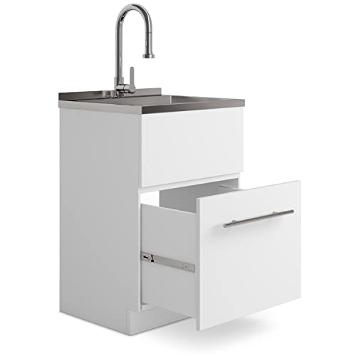Image of SIMPLIHOME Metro 24 inch Wide Stainless Steel Sink Laundry Cabinet in White