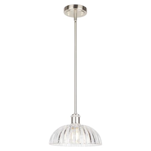 Image of JYO 10 inch Brushed Nickel Pendant Lighting, Vintage Single Pendant Light Fixtur with Ribbed Glass, Pendant Light for Kitchen Island Bedroom Hotel Living Room