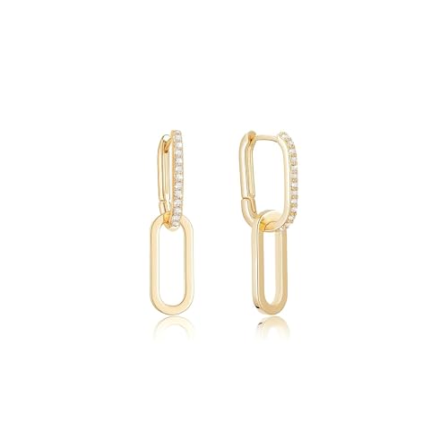 Sylph Small Paperclip Earrings for Women, 18K Gold Plated Trendy Chain Link Earring Dangle, Tiny Statement Square Huggie Double Hoop Earrings Rectangle Jewelry Gifts for Wedding