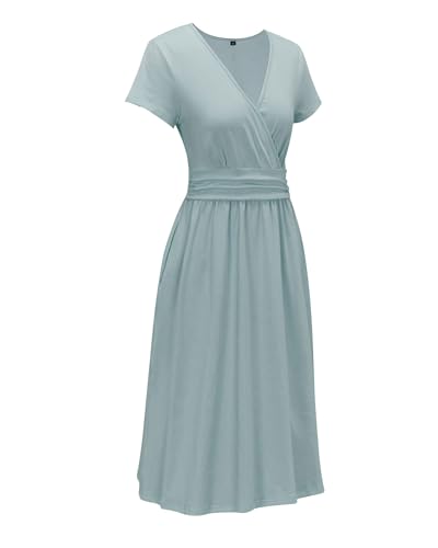 Image of OUGES Casual Summer Dress for Women Wrap V Neck A Line Midi Dresses with Pockets