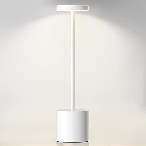 OUJIE Lampada da Tavolo Senza Fili, Batteria Ricaricabile 6000mAh, LED Esterno Ristorante Lampada da Scrivania, Lampada da Comodino in Metallo, Per Soggiorno Camera letto Ufficio Studio. (bianco)