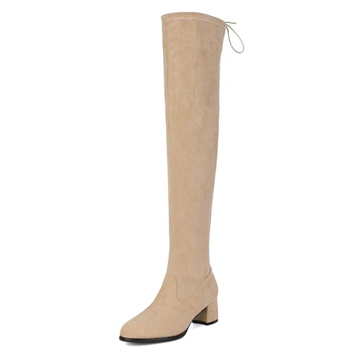 Esvowido Women's Over The Knee Boots Block Heel Thigh High Chunky Heel Boots Low Heel with Side Zipper Round Toe Fall Winter Stretch Tall Boots