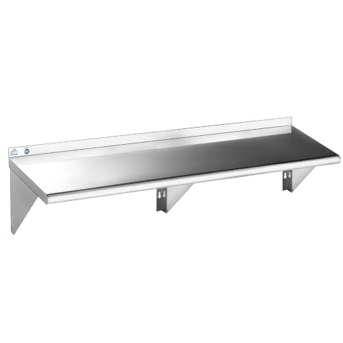ROCKPOINT Stainless Steel Shelf 14 x 72 Inches 450lb, NSF Metal Commercial Shelves Wall Mount Floating Shelving with Backsplash for Restaurant, Kitchen, Home and Hotel, Silver