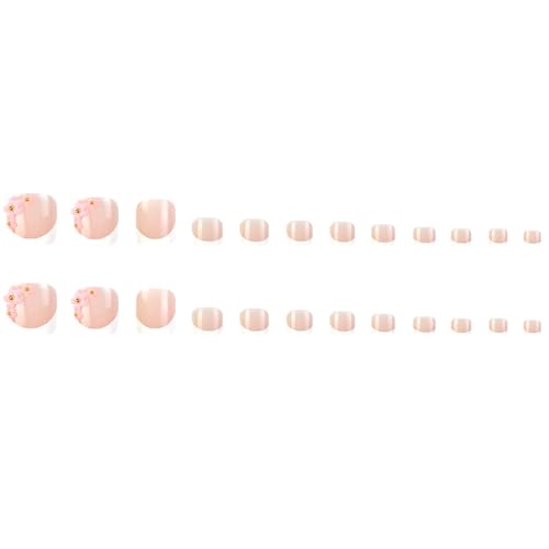 24pcs Pink Flower Press On Toenails - Short Square Fake Nails with Flower Rhinestone Design, Acrylic Full Cover Toe Nail Tips with Golden Bead Diamond Stick Ons for Women