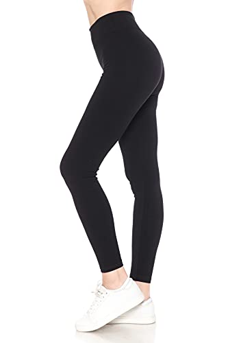 Leggings Depot Women's High Waisted Cotton Leggings - 28' Yoga Full Length - Soft Breathable 3' Wide Waistband Pants, Yoga Black, Medium
