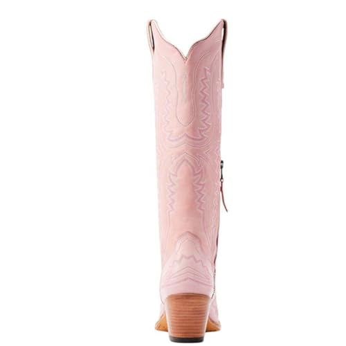 Western Women's Cowboy Boots Fashion Knee-High Boots with Classic Embroidery Side Zipper and Chunky Heel Pointy Toe Dress Boots4