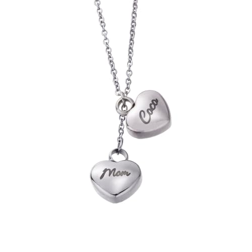 AILIN Custom Double Heart Urn Necklace for Ashes Stainless Steel Personalized Engraved Memorial Keepsake Pendant Cremation Jewelry for Human/Pet Ashes Gifts For Women Mom Grandma