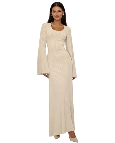 ZGMYC Women's Scoop Neck Lace Up Ribbed Maxi Dress Knit Flare Sleeve  Bodycon Dress Loose Casual Long Dresses Apricot at Amazon Women's Clothing  store