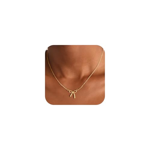 Fimhut Easter Basket Stuffers for Women Girls Dainty Bow Necklace 14K Gold Plated Cute Choker Small Pendant Charm Necklaces Teen Gift Trendy Stuff Girls Women Jewelry Gift