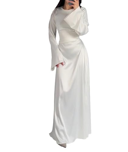 xxxiticat Women's Slip Satin Long Dress Long Sleeve Round Neck Back Lace Up Bandage Tie Wedding Party Maxi Dresses