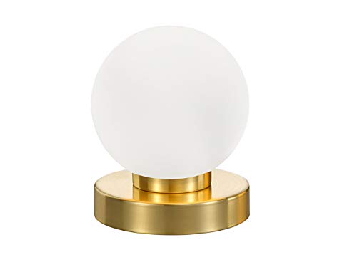 Kleine Touch Tischleuchte Höhe 15cm Glaskugel Weiß, Sockel Messing