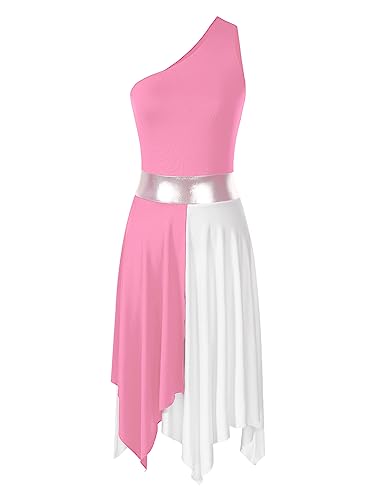 ranrann Women's Asymmetrical Praise Dance Tunic Sleeveless Worship Lyrical Dance Dress Overlay Costume One Shoulder-Light Pink Medium