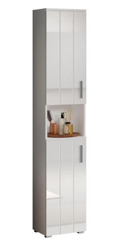 trendteam smart living - Wons - Hochschrank - Weiß/Weiß Hochglanz - 1 offenes Fach und 2 Einlegeböden - (BxHxT) 37 x 192 x 31 cm - moderner Badezimmerschrank mit Ablagefach - kratzfest