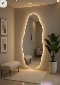 Luxury Irregular Shape LED Floor Mirror with Warm Backlit Glow, Modern Full Length Designer Mirror for Bedroom, Living Room, Frameless Standing